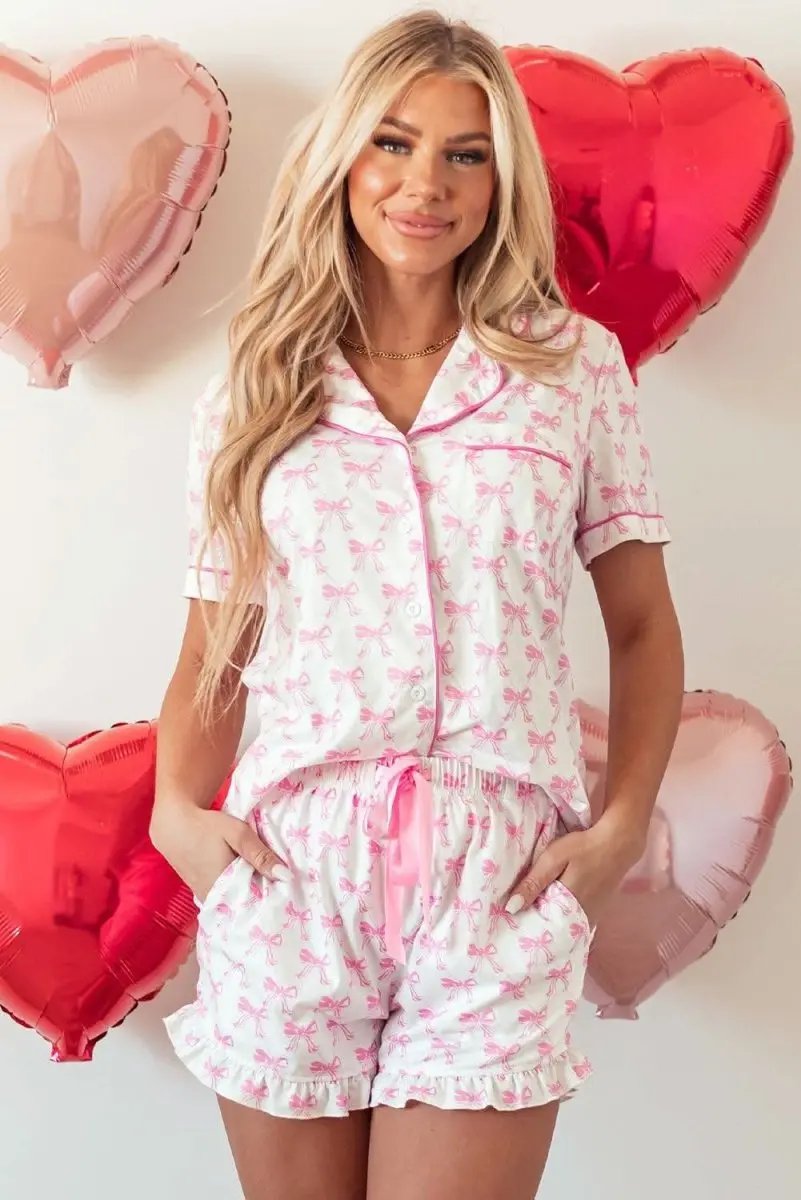 Loungewear & Sleepwear/Sleepwear Love Salve Pink Bowknot Pajama Set Women's Valentine's Sleepwear - Ruffled, Comfortable