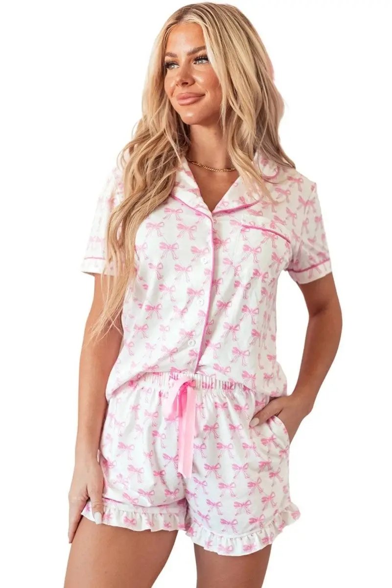 Loungewear & Sleepwear/Sleepwear Love Salve Pink Bowknot Pajama Set Women's Valentine's Sleepwear - Ruffled, Comfortable