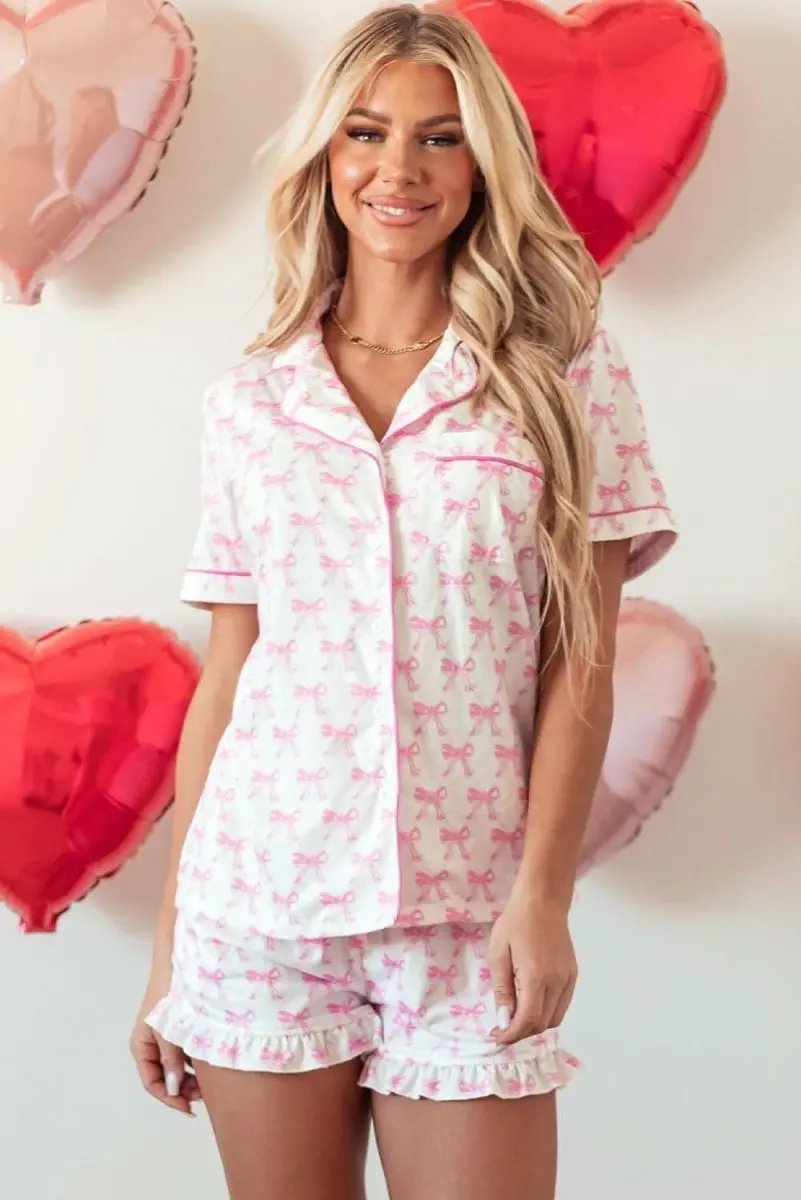 Loungewear & Sleepwear/Sleepwear Love Salve Pink Bowknot Pajama Set Women's Valentine's Sleepwear - Ruffled, Comfortable