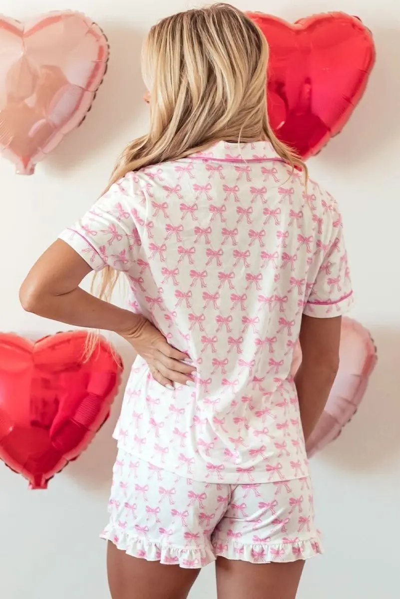 Loungewear & Sleepwear/Sleepwear Love Salve Pink Bowknot Pajama Set Women's Valentine's Sleepwear - Ruffled, Comfortable