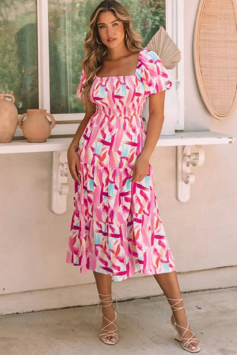 Women's Dress Dress - Pink Smocked Ruffle Tiered A-Line - Southern Belle Summer