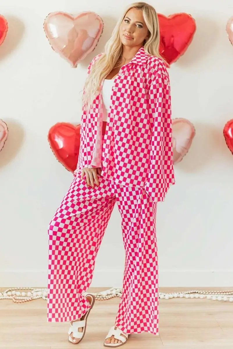 Pants Love Salve Pink Checkered Pajama Set Women's Loungewear Sleepwear Soft & Comfy