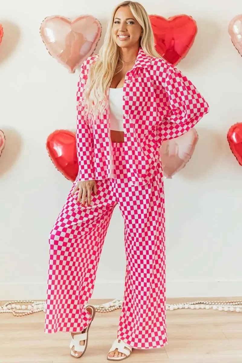 Pants Love Salve Pink Checkered Pajama Set Women's Loungewear Sleepwear Soft & Comfy