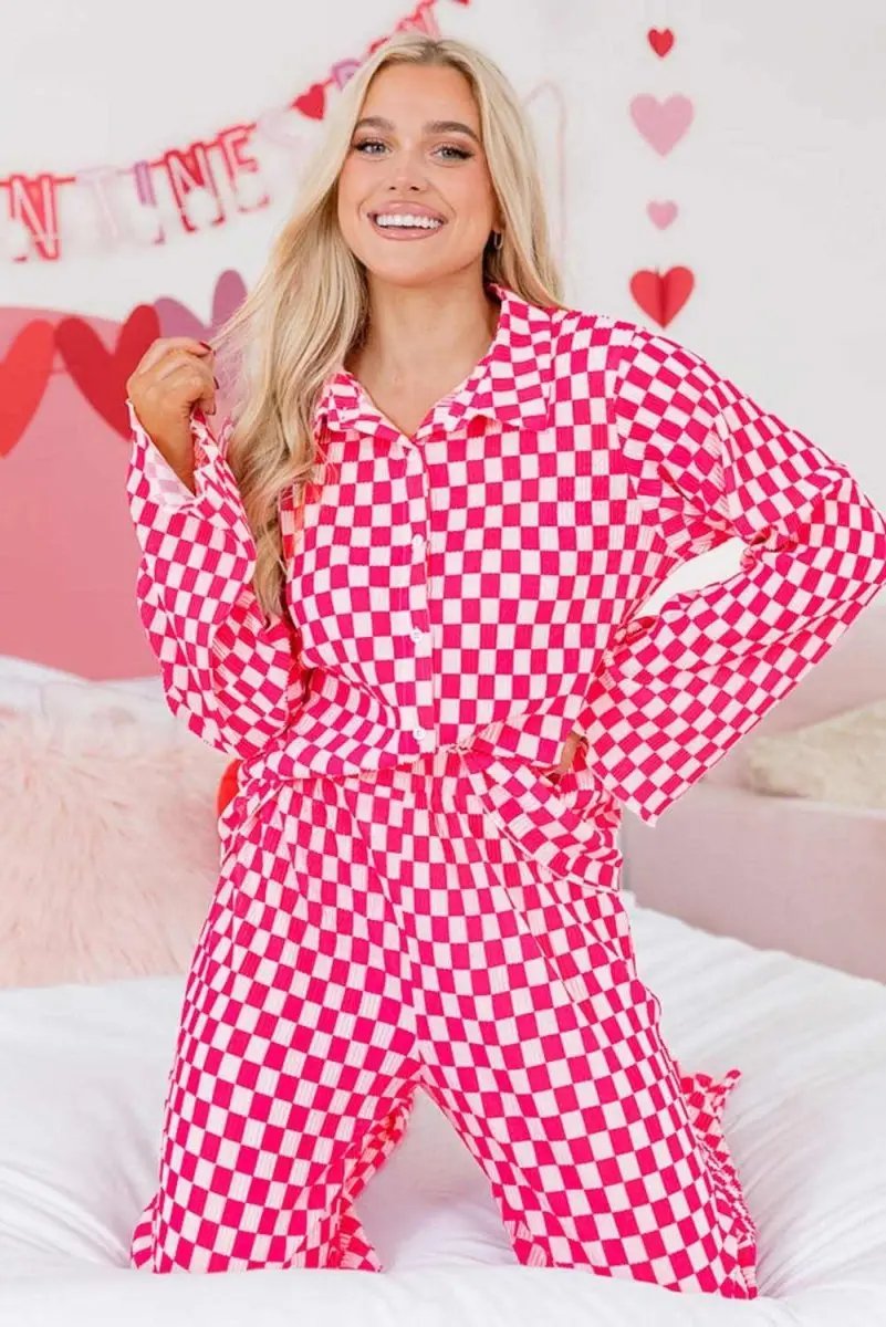 Pants Love Salve Pink Checkered Pajama Set Women's Loungewear Sleepwear Soft & Comfy