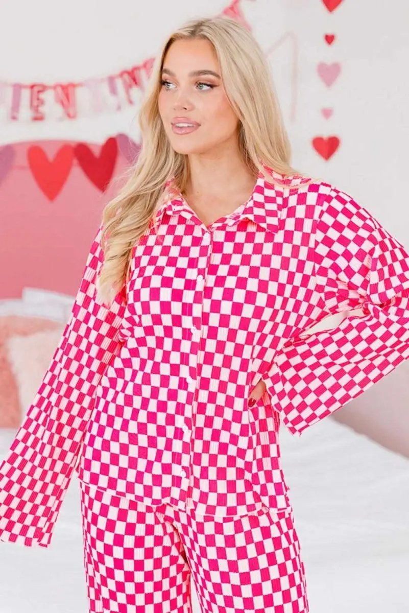 Pants Love Salve Pink Checkered Pajama Set Women's Loungewear Sleepwear Soft & Comfy