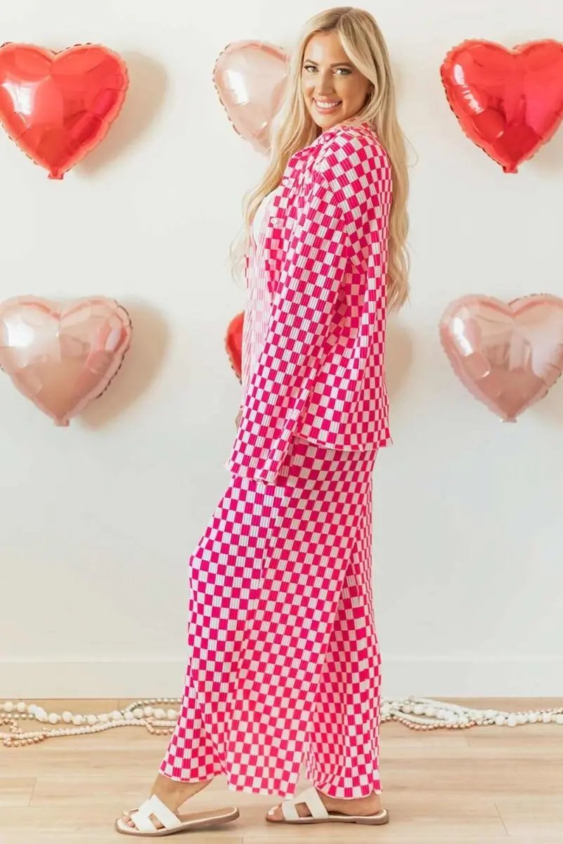 Pants Love Salve Pink Checkered Pajama Set Women's Loungewear Sleepwear Soft & Comfy