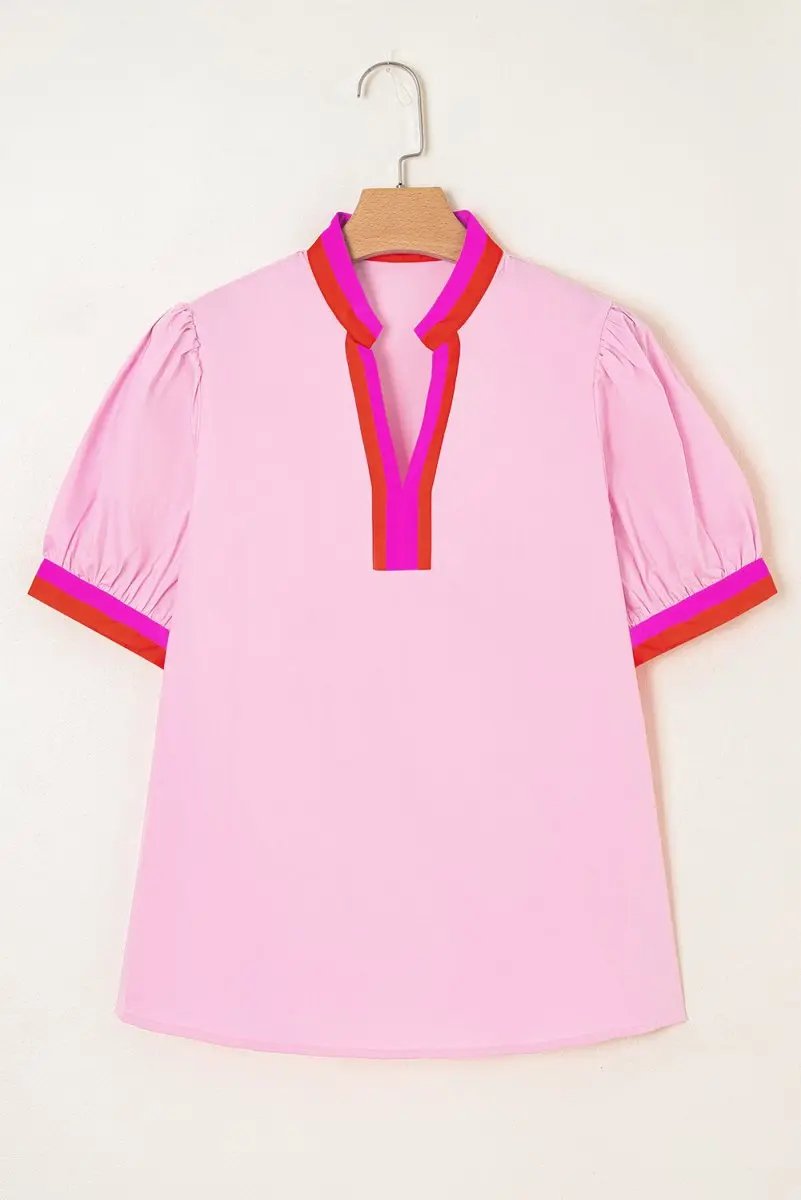 Women's Blouse - Pink Striped Puff Sleeve - Chic Daily Wear Top
