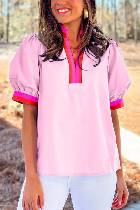 Blusa de mujer - Manga abullonada a rayas rosadas - Top chic para uso diario