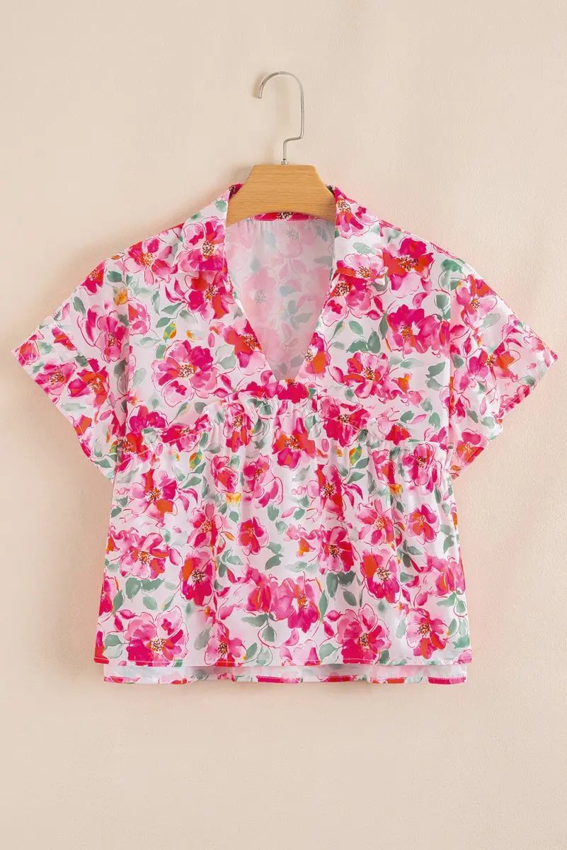 Pants Love Salve Pink Floral Blouse Daily Wear Women's Top Ruffled V-Neck Cute
