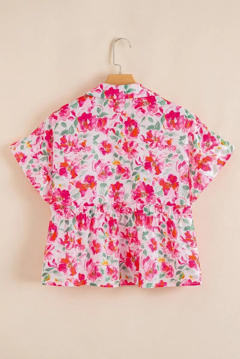 Pants Love Salve Pink Floral Blouse Daily Wear Women's Top Ruffled V-Neck Cute