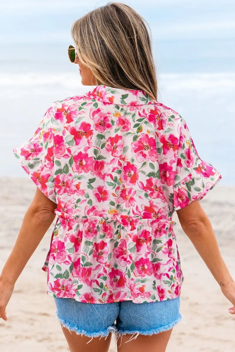 Pants Love Salve Pink Floral Blouse Daily Wear Women's Top Ruffled V-Neck Cute