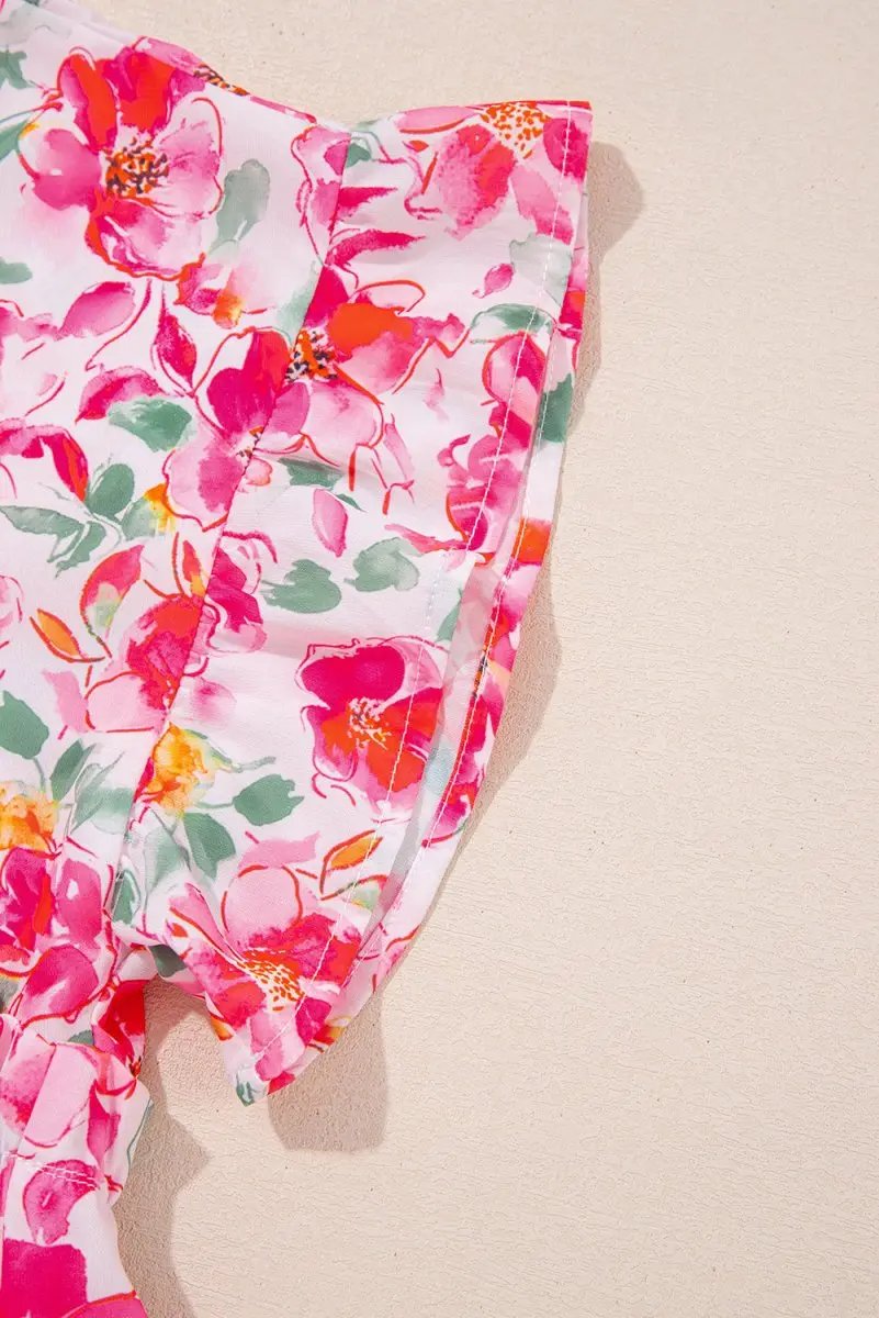 Pants Love Salve Pink Floral Blouse Daily Wear Women's Top Ruffled V-Neck Cute