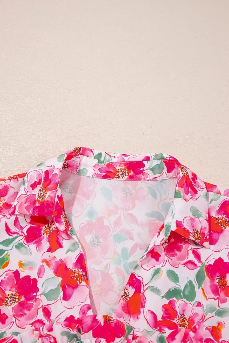 Pants Love Salve Pink Floral Blouse Daily Wear Women's Top Ruffled V-Neck Cute