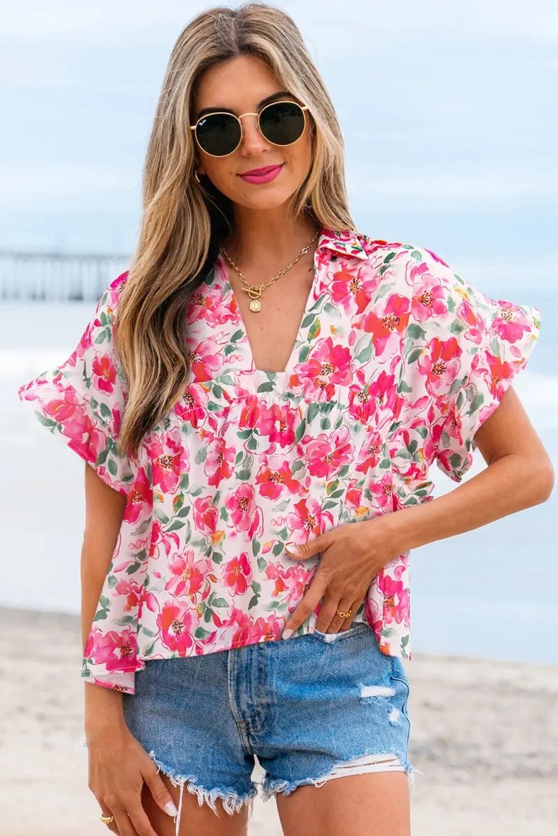 Pants Love Salve Pink Floral Blouse Daily Wear Women's Top Ruffled V-Neck Cute