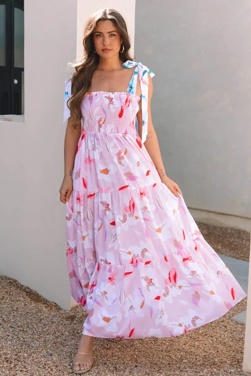 Dresses Love Salve Pink Floral Maxi Dress Women's Vacation Smocked A-Line Dress: Southern Belle Style