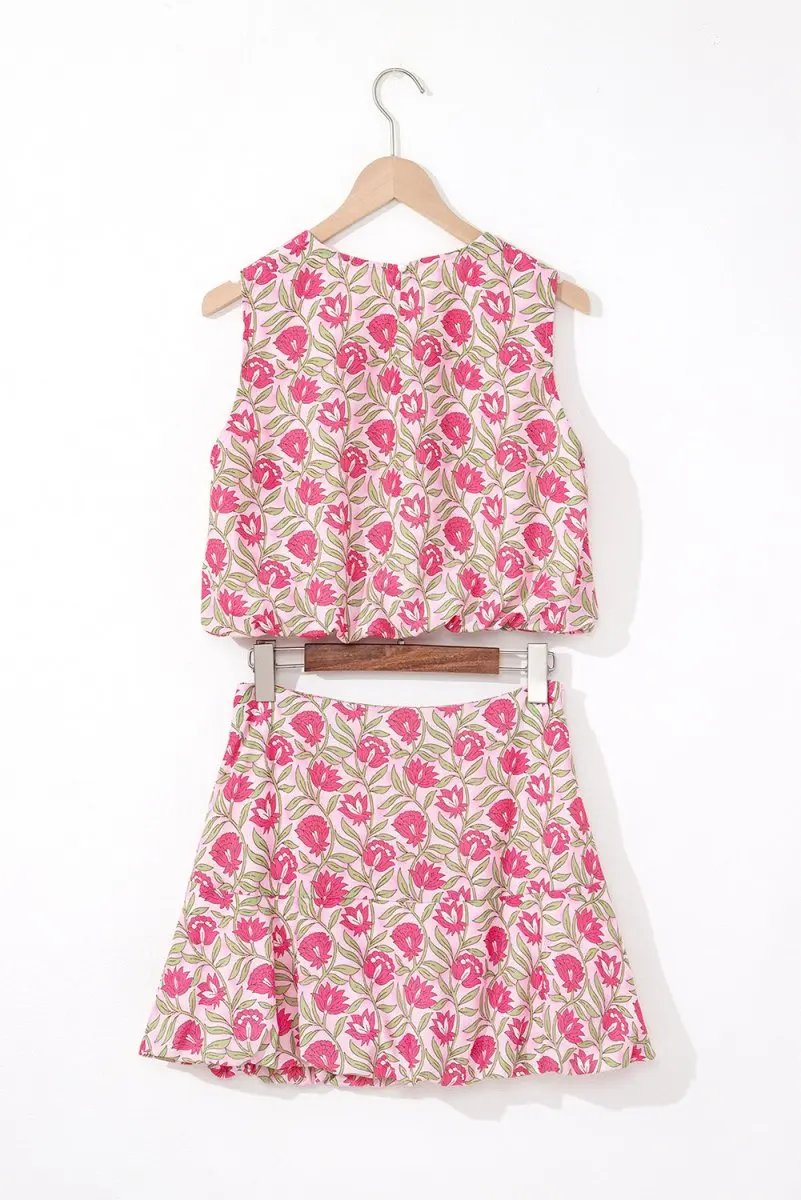 T-Shirts Love Salve Pink Floral Mini Skirt Set Women's Boho Chic Outfit: Cropped, Puffy