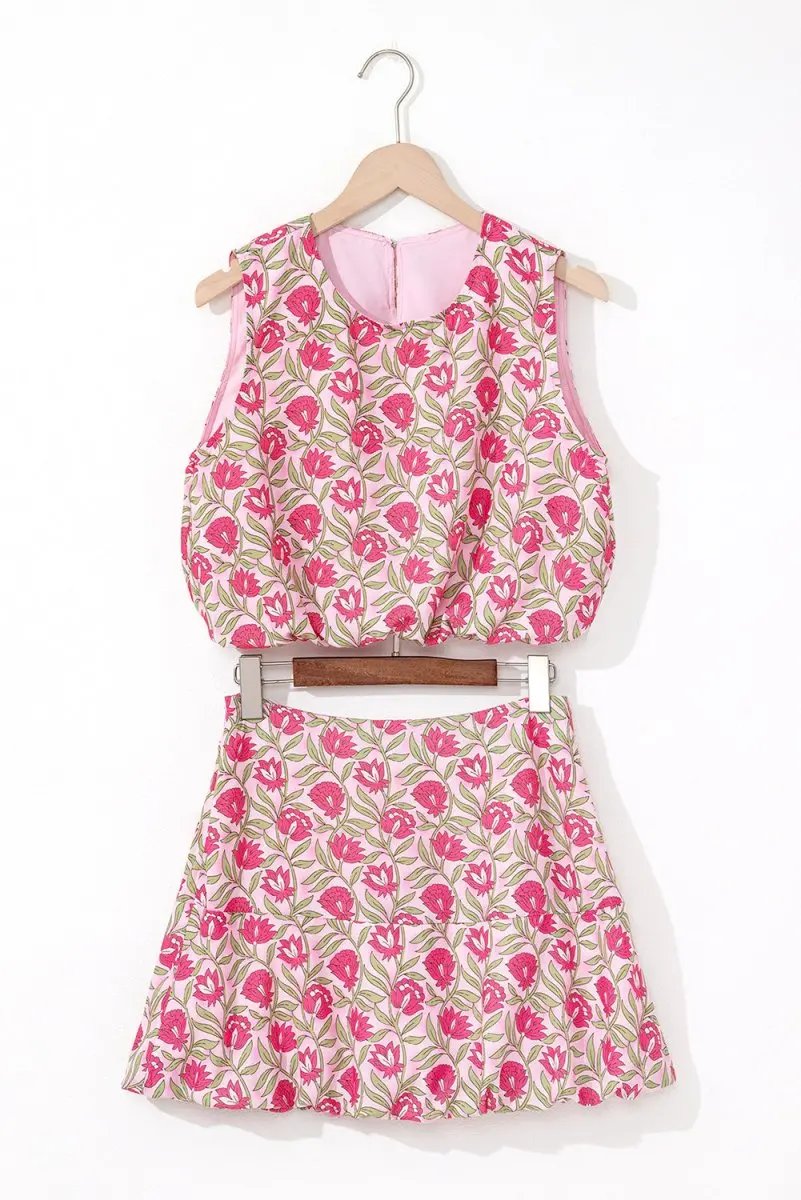 T-Shirts Love Salve Pink Floral Mini Skirt Set Women's Boho Chic Outfit: Cropped, Puffy