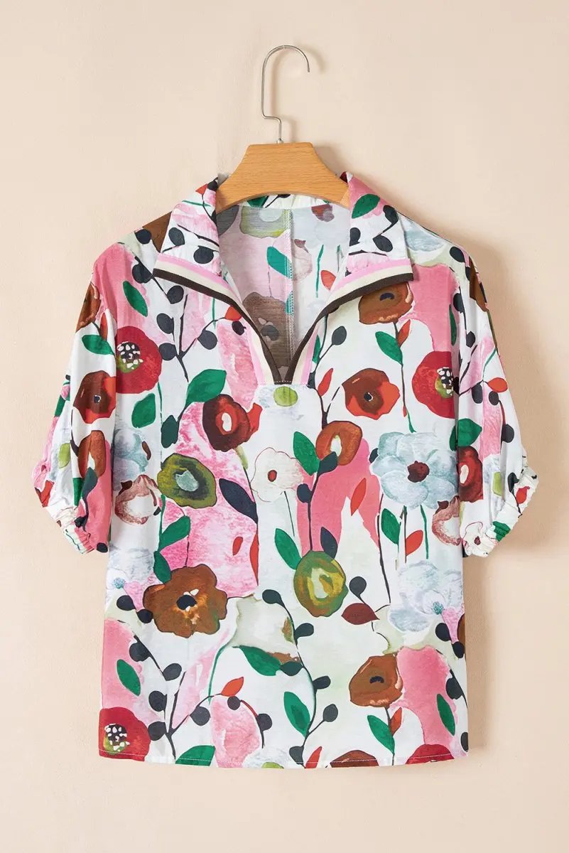 Accessories Love Salve Pink Floral Blouse Women's Daily Summer Top V Neck & Slit Detail