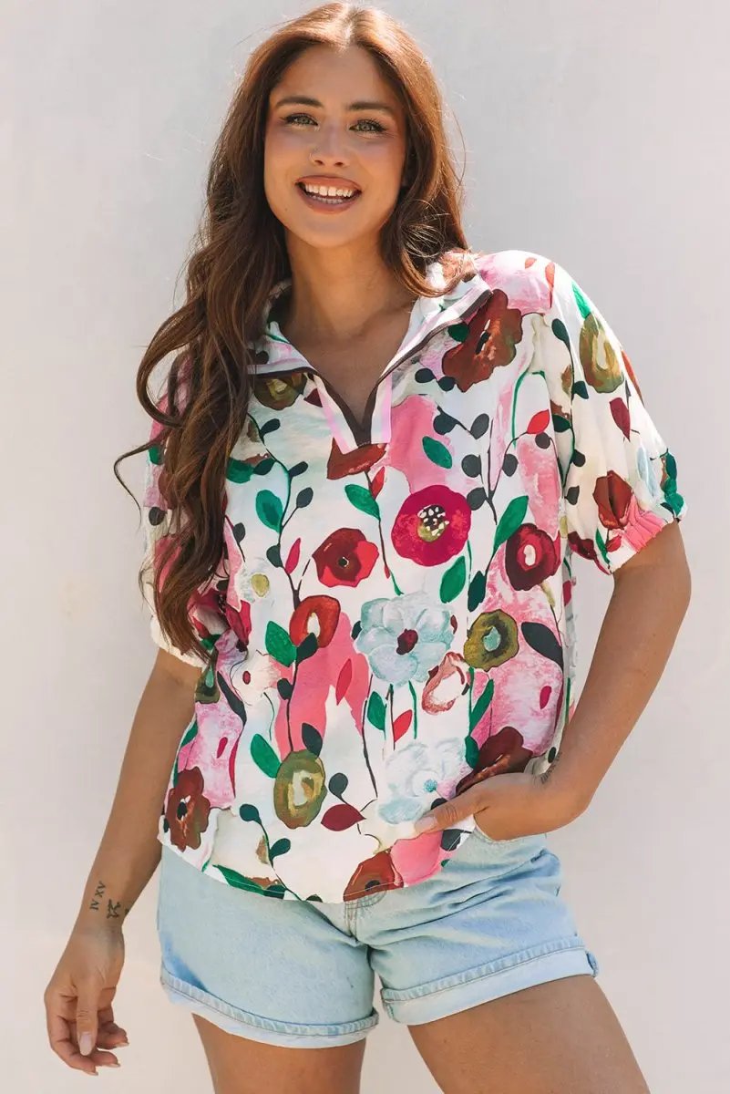 Accessories Love Salve Pink Floral Blouse Women's Daily Summer Top V Neck & Slit Detail