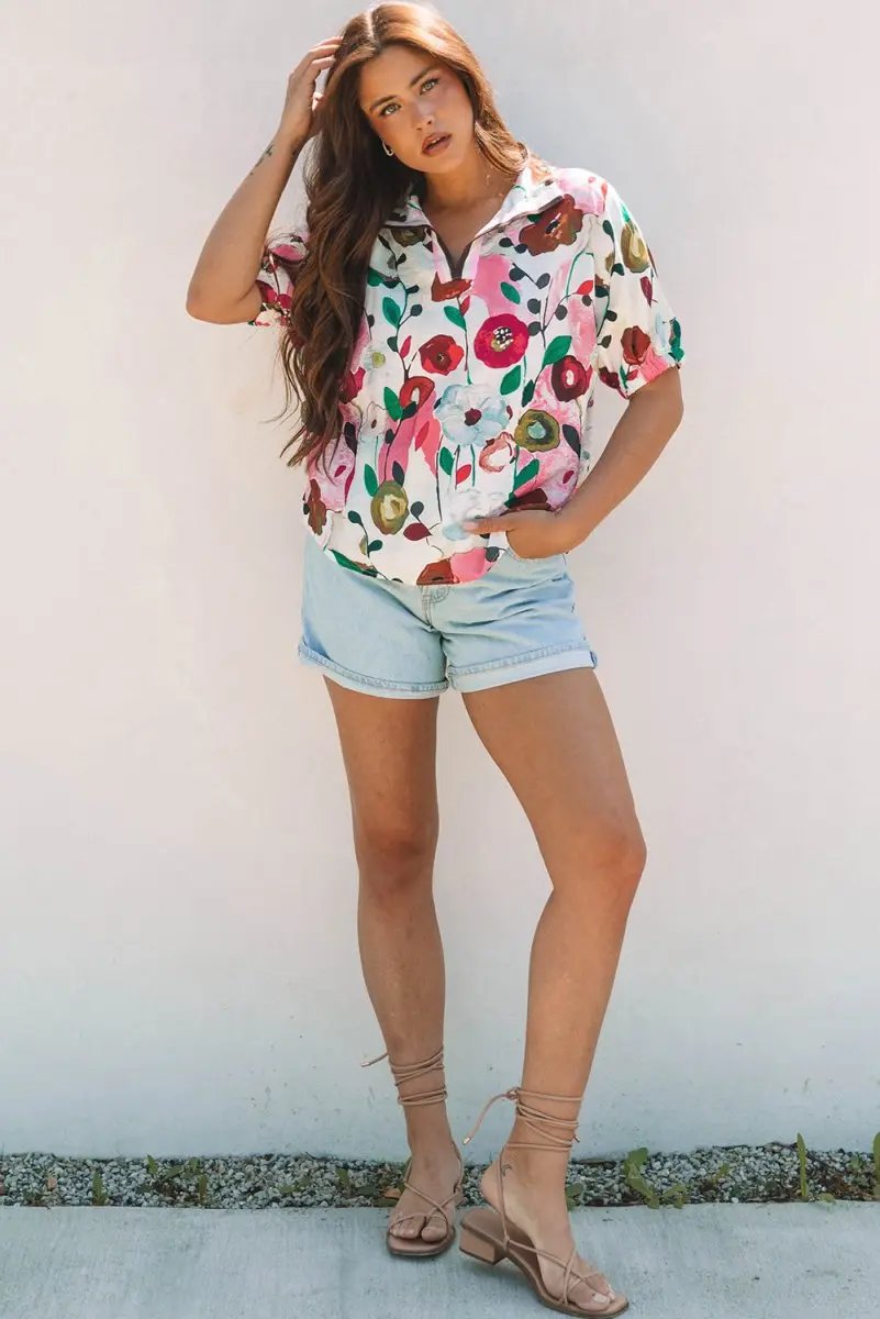 Accessories Love Salve Pink Floral Blouse Women's Daily Summer Top V Neck & Slit Detail