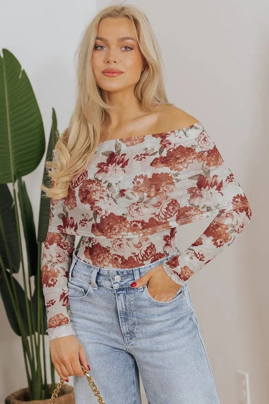 Tops/Bodysuits Love Salve Body floral transparente rosa Top de manga larga ajustado de moda primaveral para mujer