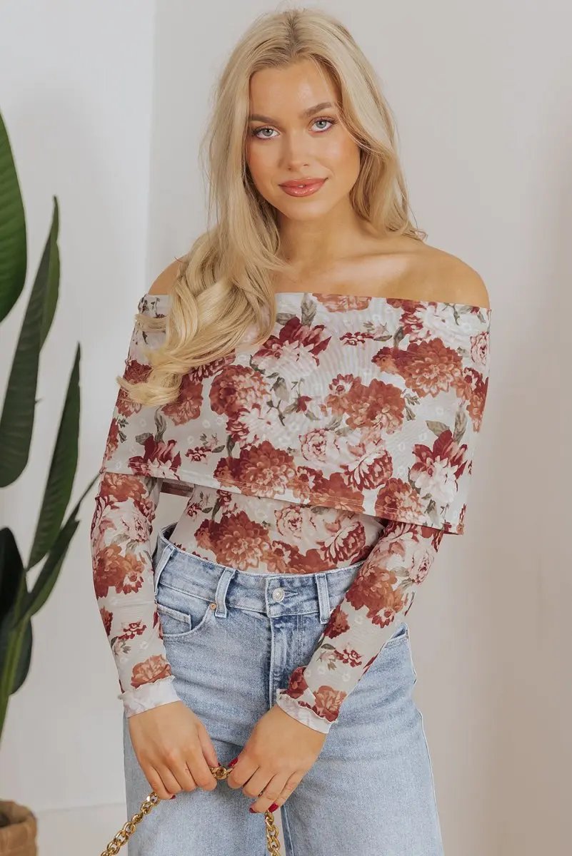 Tops/Bodysuits Love Salve Pink Floral Sheer Bodysuit Women's Spring Fashion Long Sleeve Sheath Top