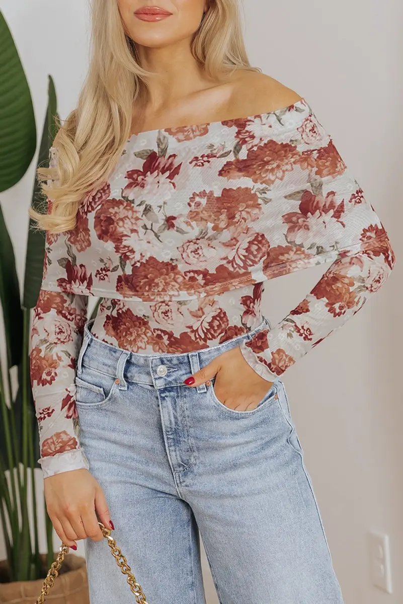 Tops/Bodysuits Love Salve Pink Floral Sheer Bodysuit Women's Spring Fashion Long Sleeve Sheath Top