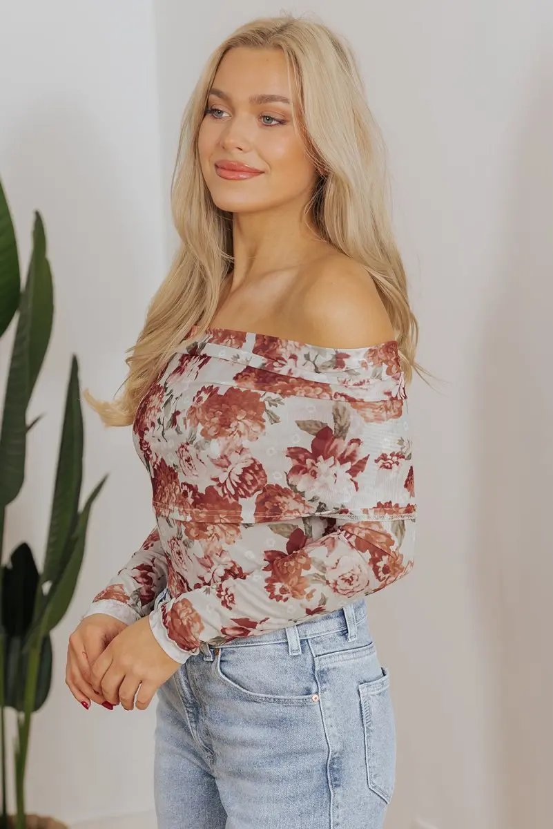 Tops/Bodysuits Love Salve Pink Floral Sheer Bodysuit Women's Spring Fashion Long Sleeve Sheath Top