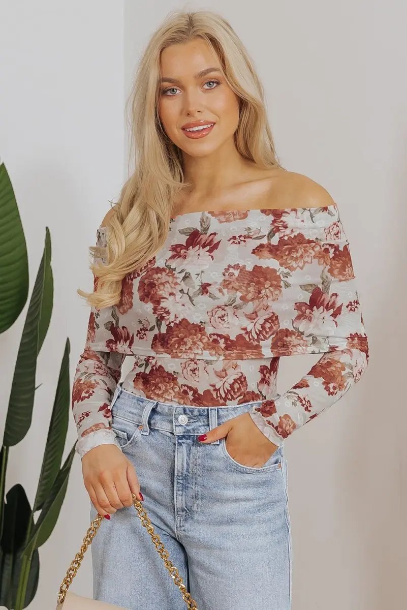 Tops/Bodysuits Love Salve Pink Floral Sheer Bodysuit Women's Spring Fashion Long Sleeve Sheath Top