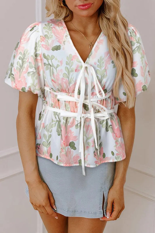 Accesorios Love Salve Blusa rosa floral Top de verano para mujer Escote en V Manga abullonada con péplum
