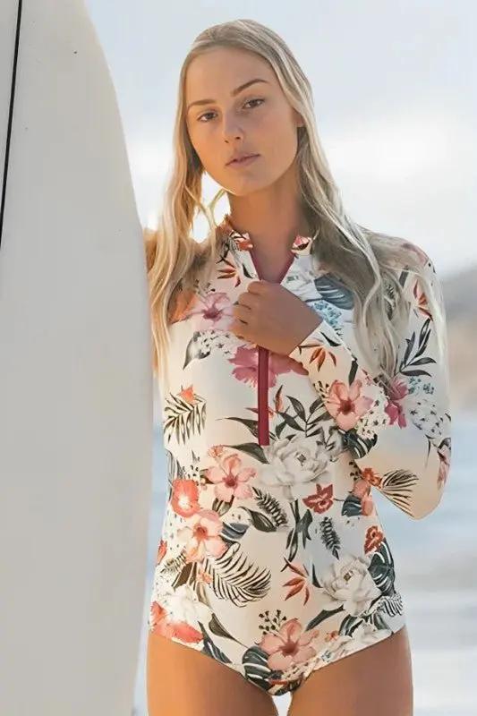 Camisa de natación de manga larga con protección solar UPF50+ para mujer - Floral rosa