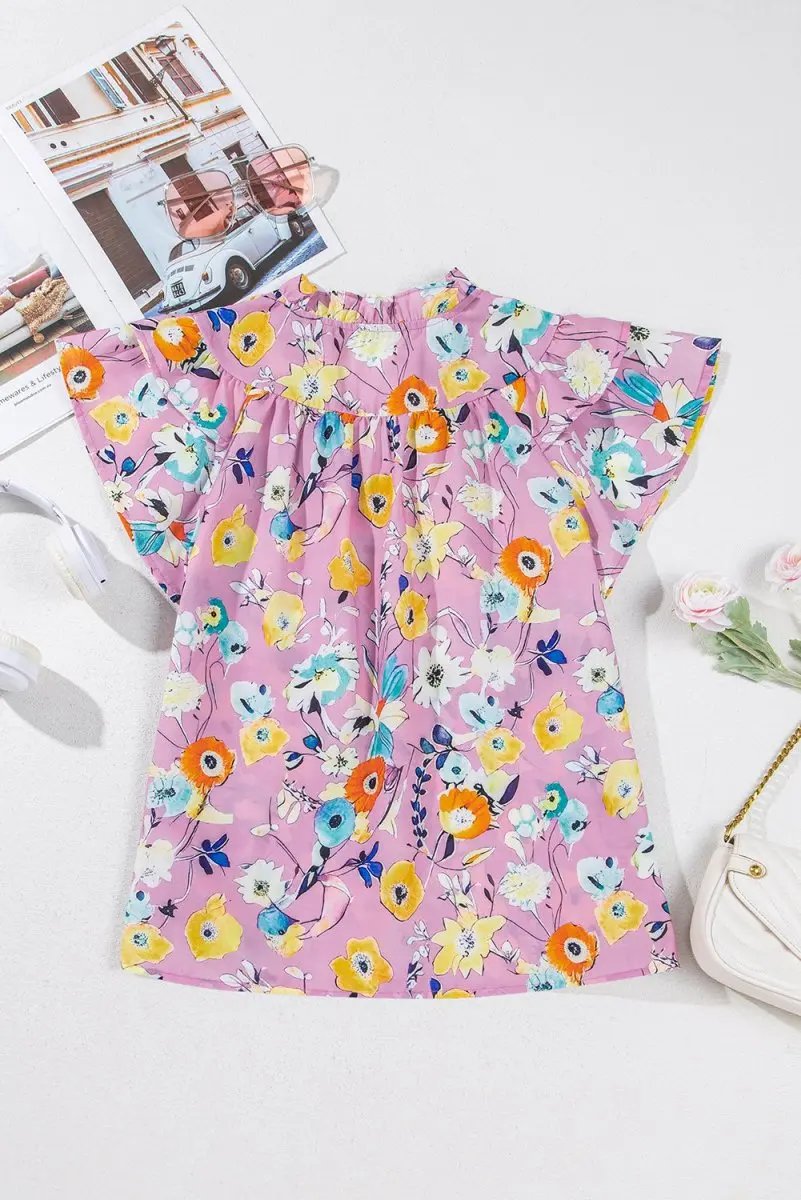 Women's Blouse Women's Pink Floral Blouse - Flutter Sleeves - Southern Belle Style