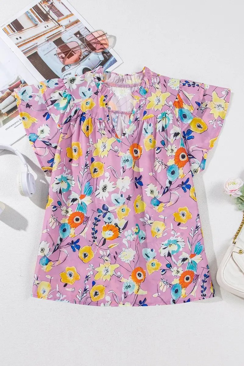 Women's Blouse Women's Pink Floral Blouse - Flutter Sleeves - Southern Belle Style
