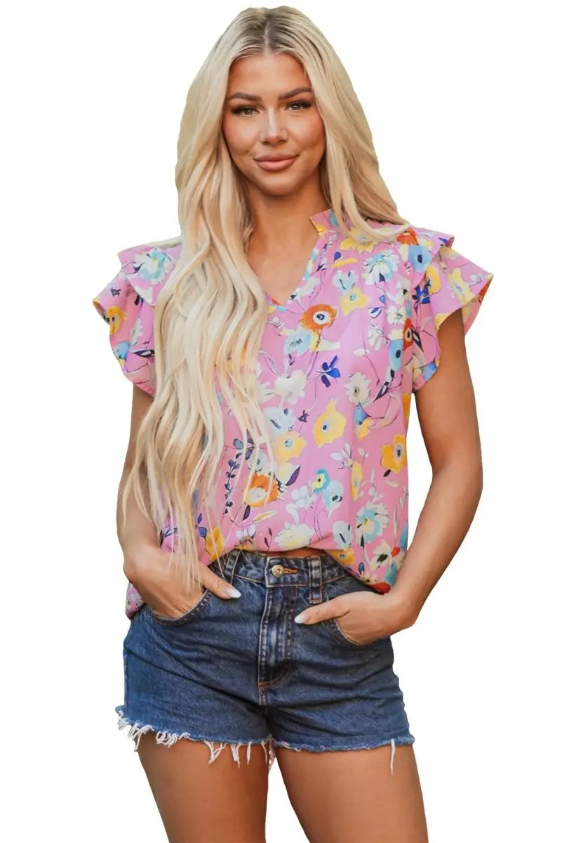 Women's Blouse Women's Pink Floral Blouse - Flutter Sleeves - Southern Belle Style