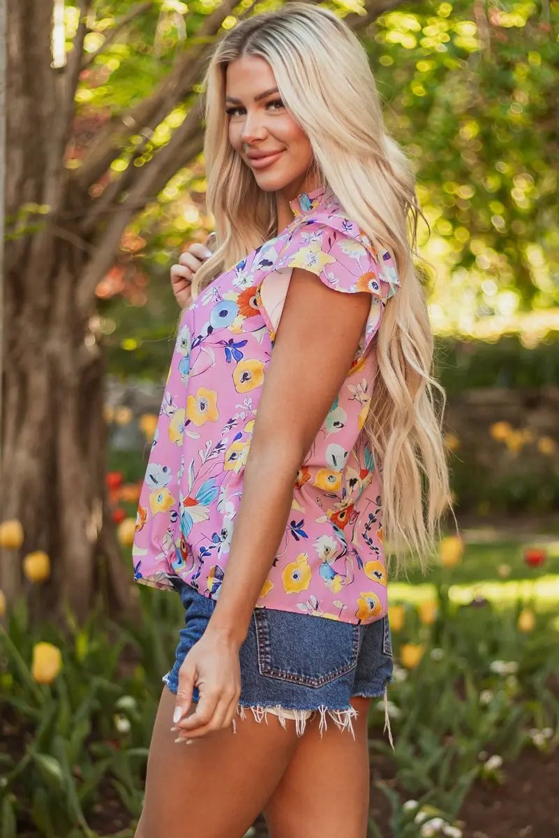 Women's Blouse Women's Pink Floral Blouse - Flutter Sleeves - Southern Belle Style