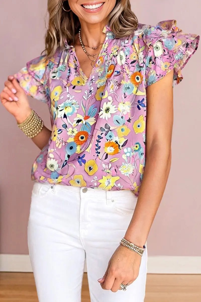 Women's Blouse Women's Pink Floral Blouse - Flutter Sleeves - Southern Belle Style