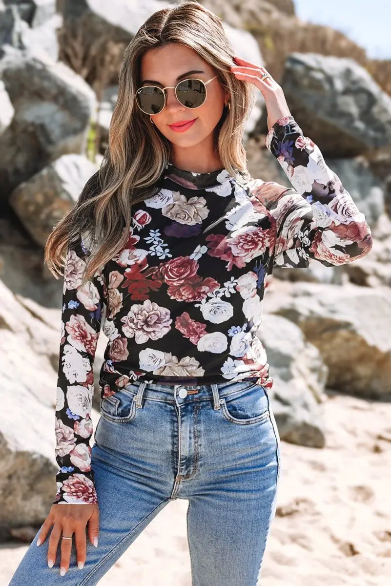 Pants Love Salve Pink Floral Mesh Top Women's Spring Fashion Long Sleeve Sheer Tee