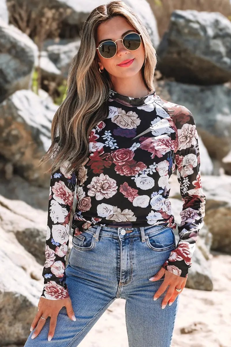 Pants Love Salve Pink Floral Mesh Top Women's Spring Fashion Long Sleeve Sheer Tee