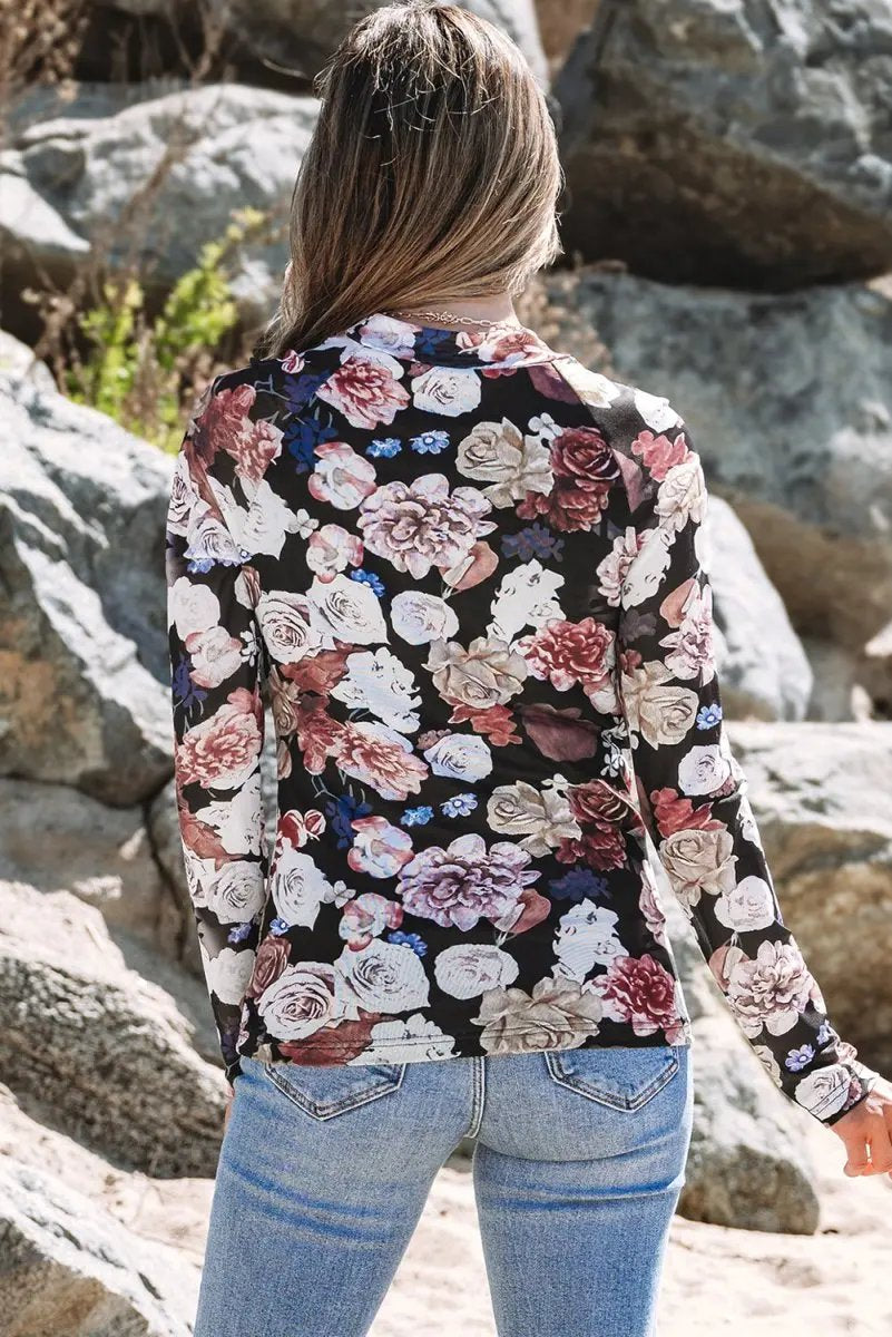 Pants Love Salve Pink Floral Mesh Top Women's Spring Fashion Long Sleeve Sheer Tee
