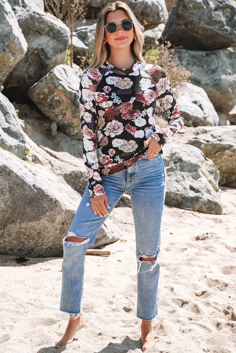 Pants Love Salve Pink Floral Mesh Top Women's Spring Fashion Long Sleeve Sheer Tee