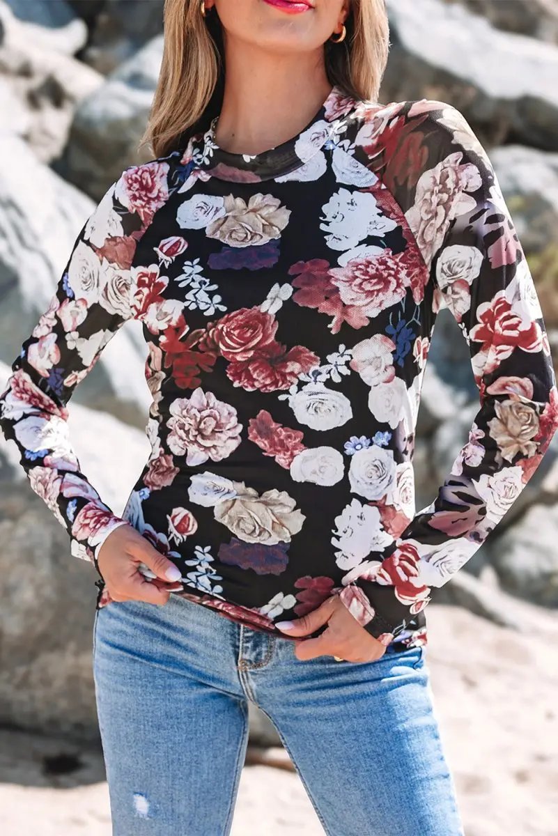 Pants Love Salve Pink Floral Mesh Top Women's Spring Fashion Long Sleeve Sheer Tee