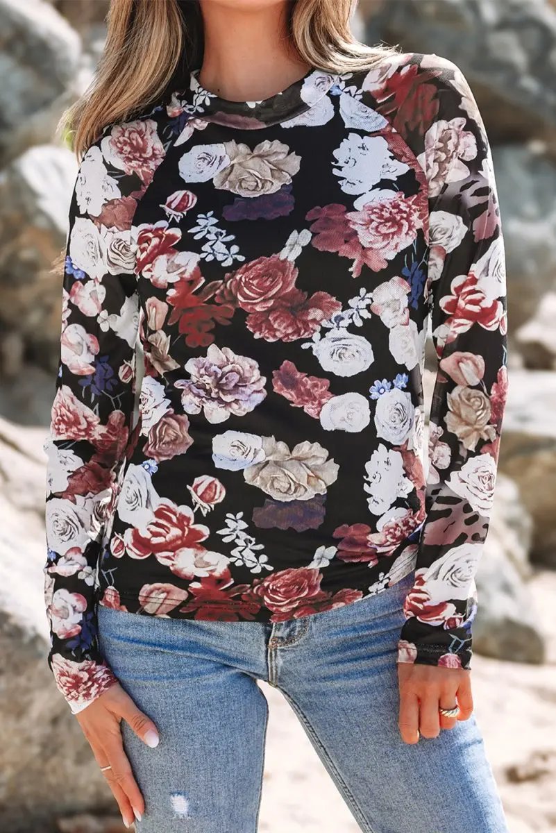 Pants Love Salve Pink Floral Mesh Top Women's Spring Fashion Long Sleeve Sheer Tee