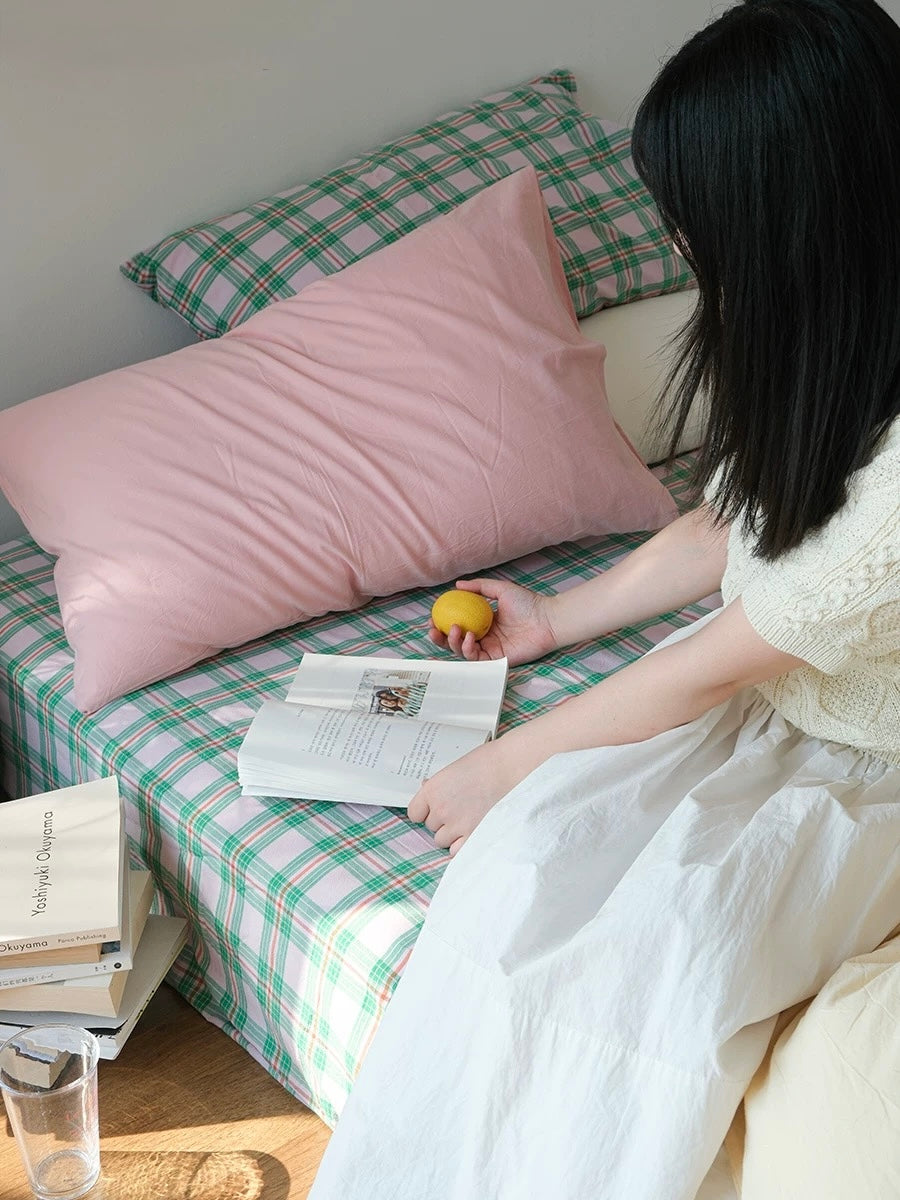 Pink & Mint Green Plaid Duvet Cover Set