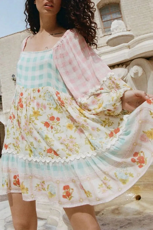 Vestido Dresses Love Salve de cuadros rosas y flores, minivestido casual para mujer con lindas mangas abullonadas