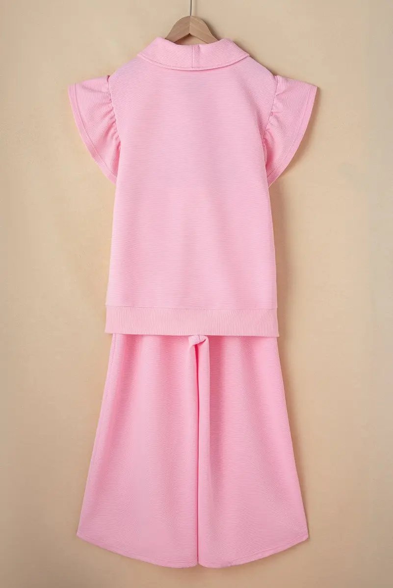 Love Salve Pink Textured Set Women's Daily Wear Outfit: Ruffle Sleeve, Wide Leg Pants