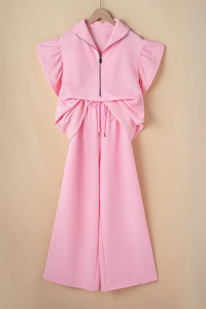 Love Salve Pink Textured Set Women's Daily Wear Outfit: Ruffle Sleeve, Wide Leg Pants