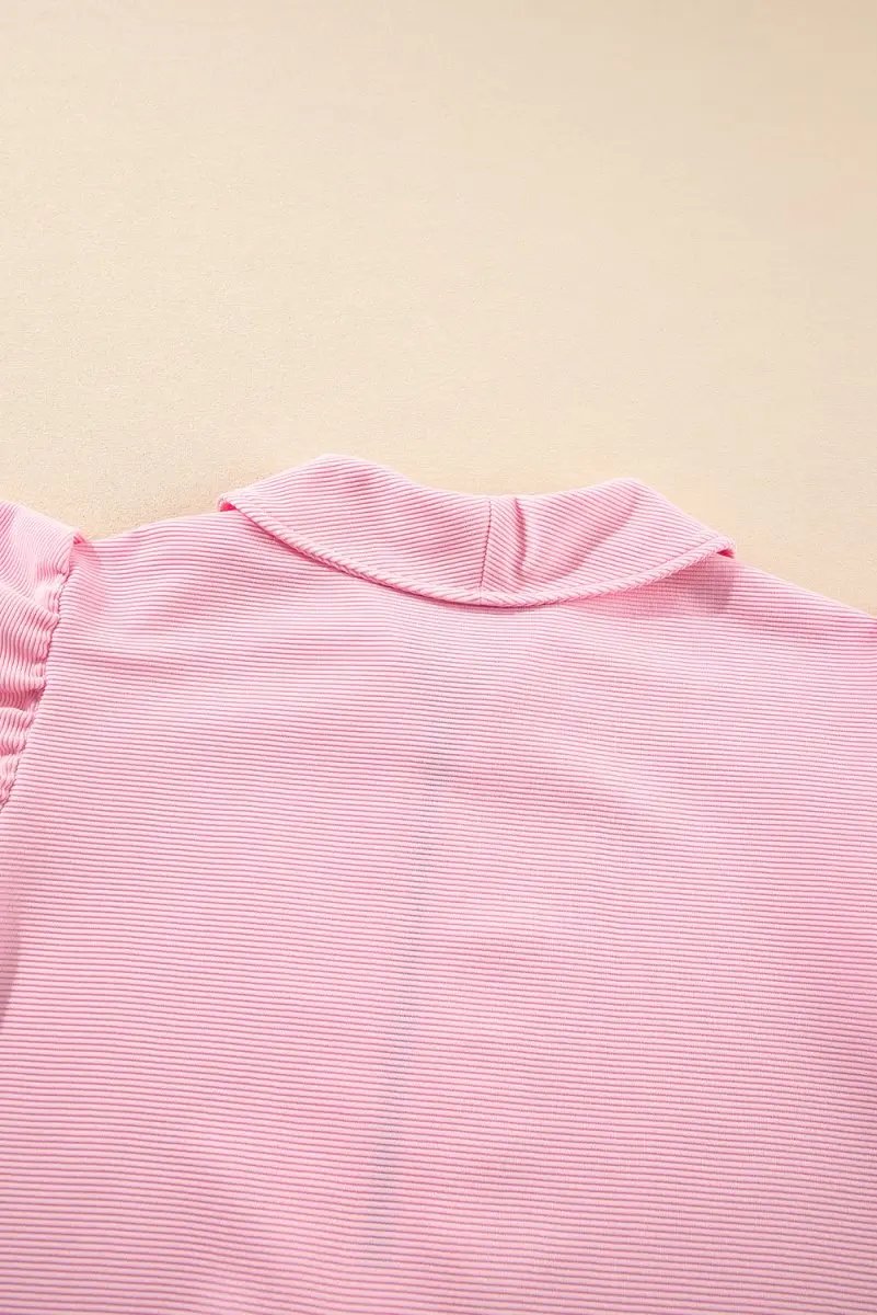 Love Salve Pink Textured Set Women's Daily Wear Outfit: Ruffle Sleeve, Wide Leg Pants