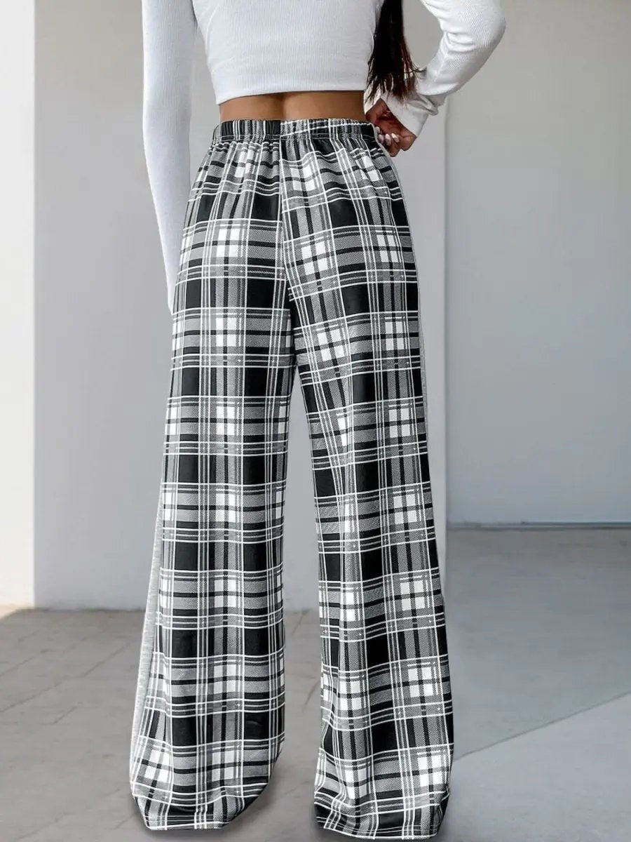 Trendsi Plaid Wide Leg Trousers Women's Comfy Drawstring Pants Versatile
