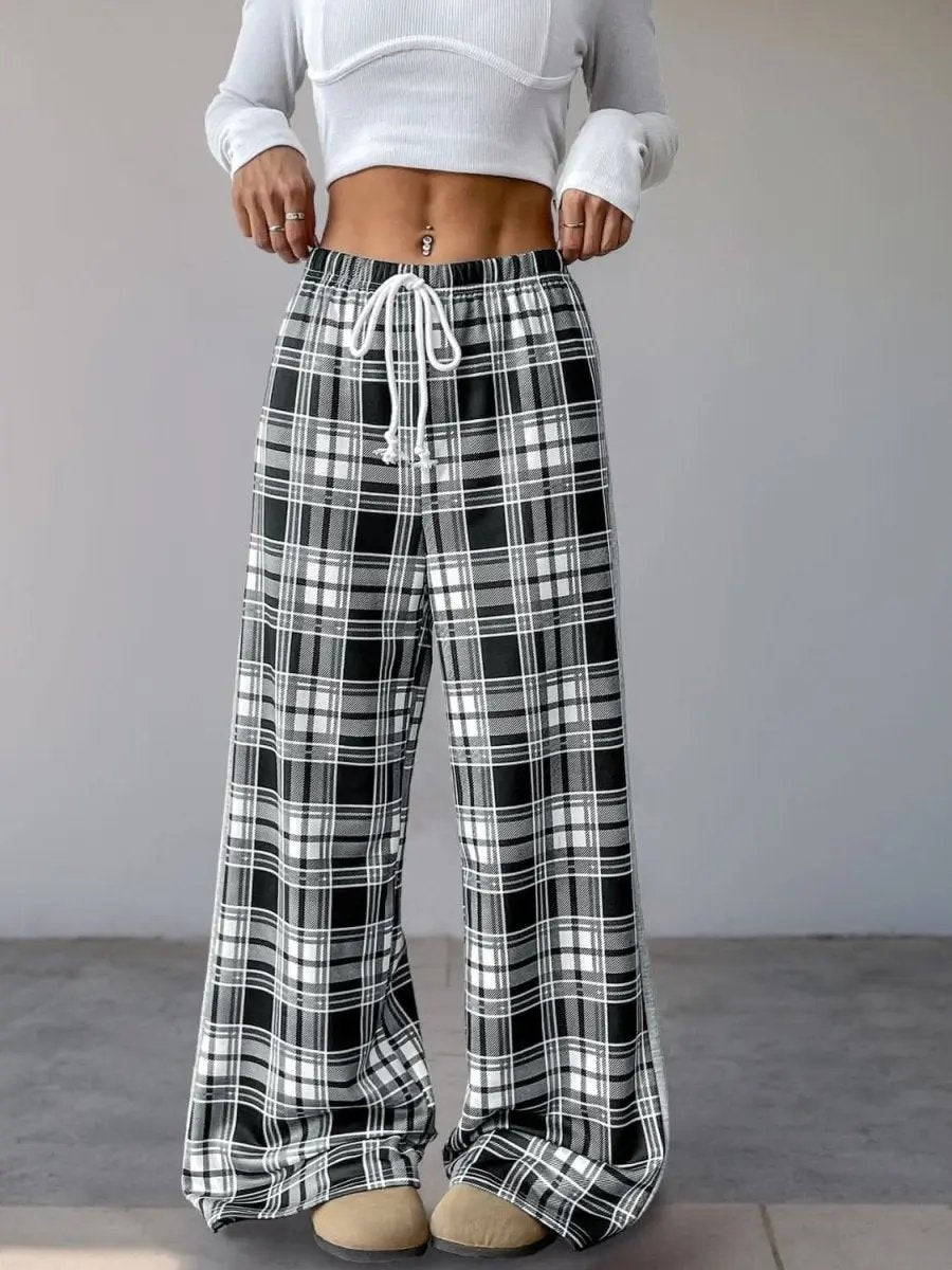 Trendsi Plaid Wide Leg Trousers Women's Comfy Drawstring Pants Versatile