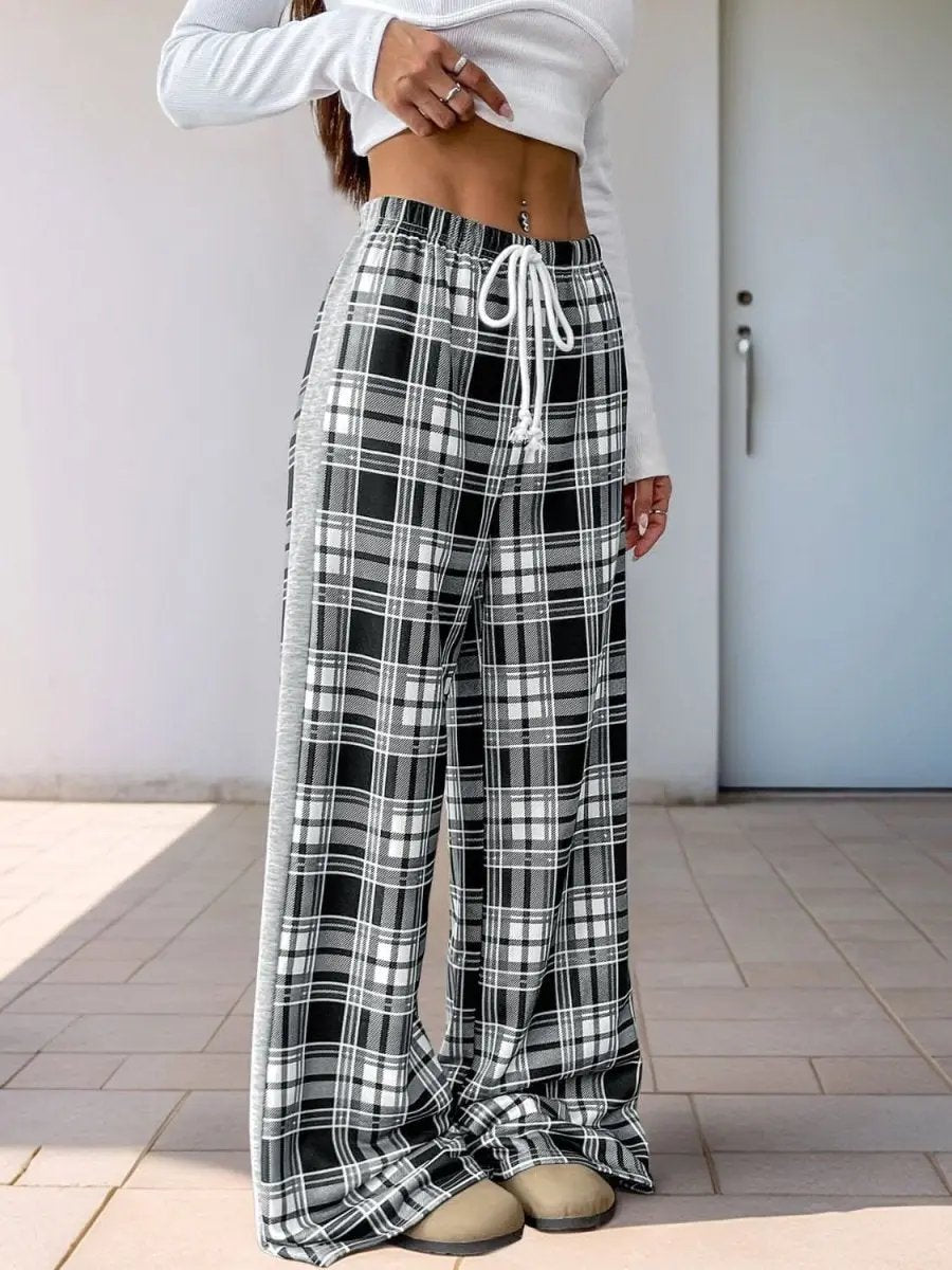 Trendsi Plaid Wide Leg Trousers Women's Comfy Drawstring Pants Versatile